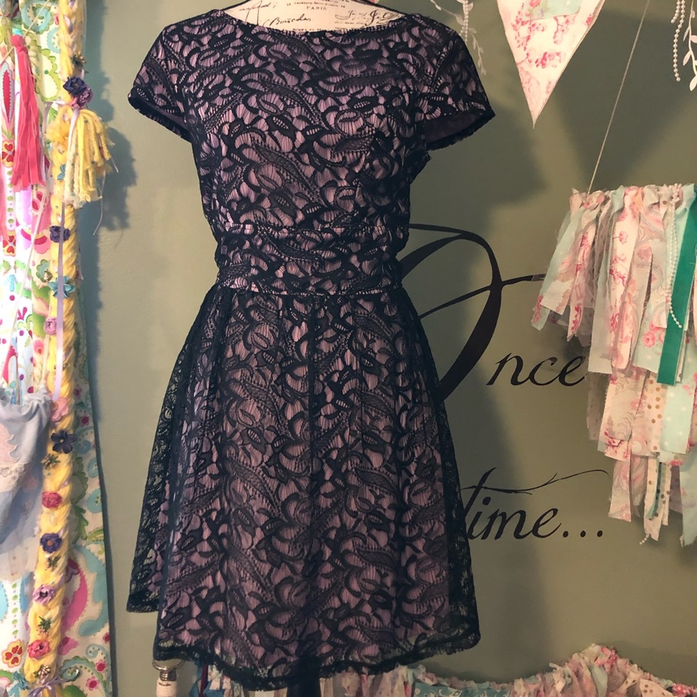 Three Pink Hearts lavender with black lace overlay